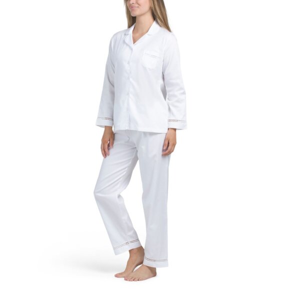 MARELLE White 2pc Pima Cotton Madison Notch Collar Top And Pants Set